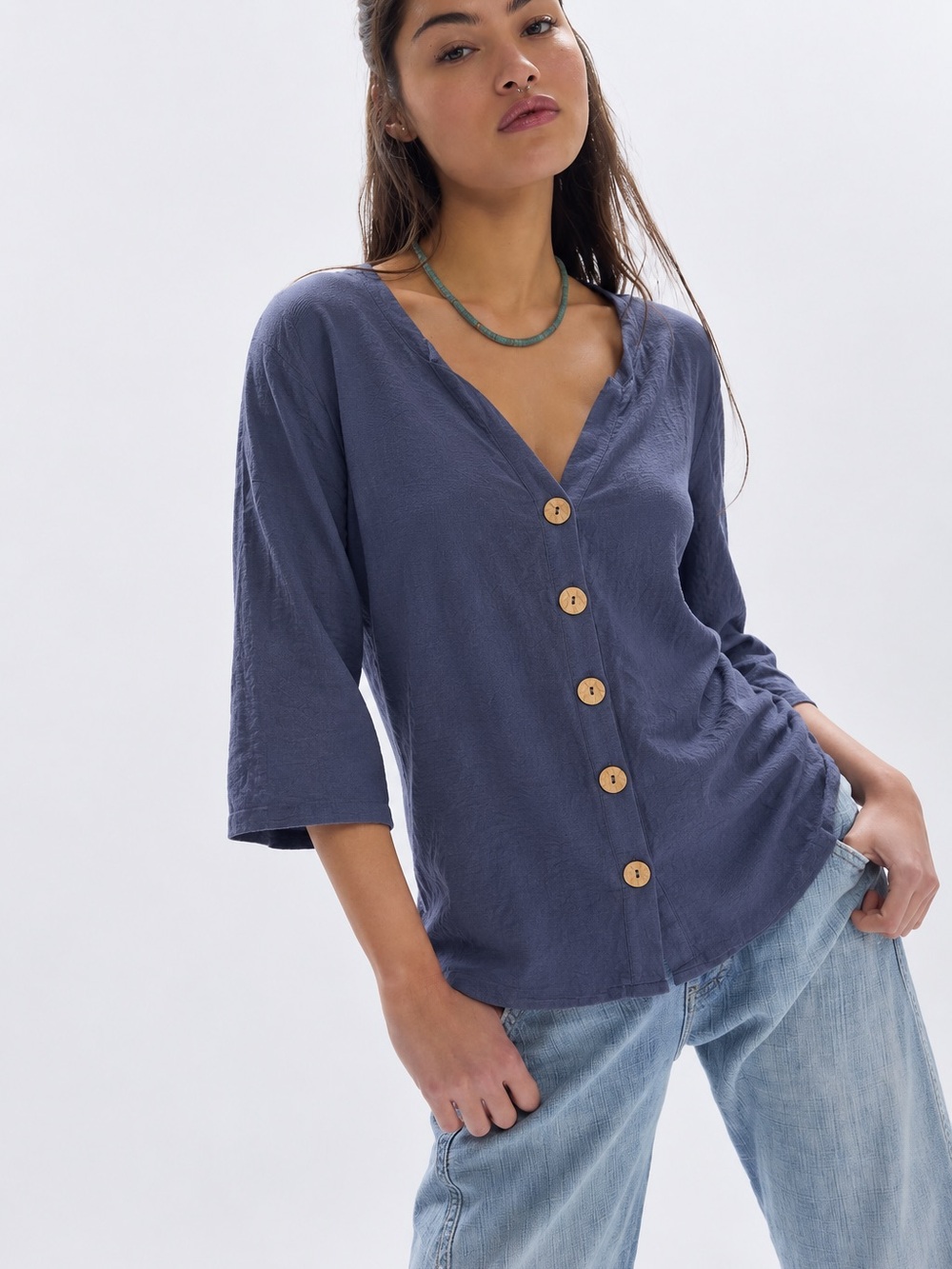 318. SHEIN Navy Button-Front V-Neck Cropped Blouse
